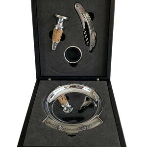 VTG 90s Grapevine Wine Accessory Set 4pc Corkscrew Stopper Drip Ring Coaster Box